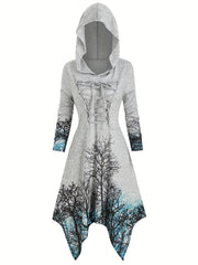 Gothic Graphic Print Hooded Dress Long Sleeve for Women