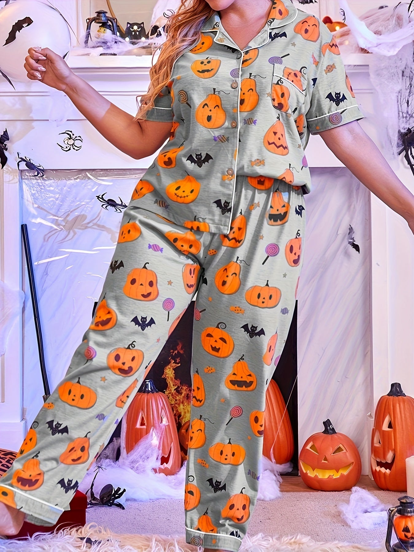 Pumpkin & Bat Print Pajama Set for Women