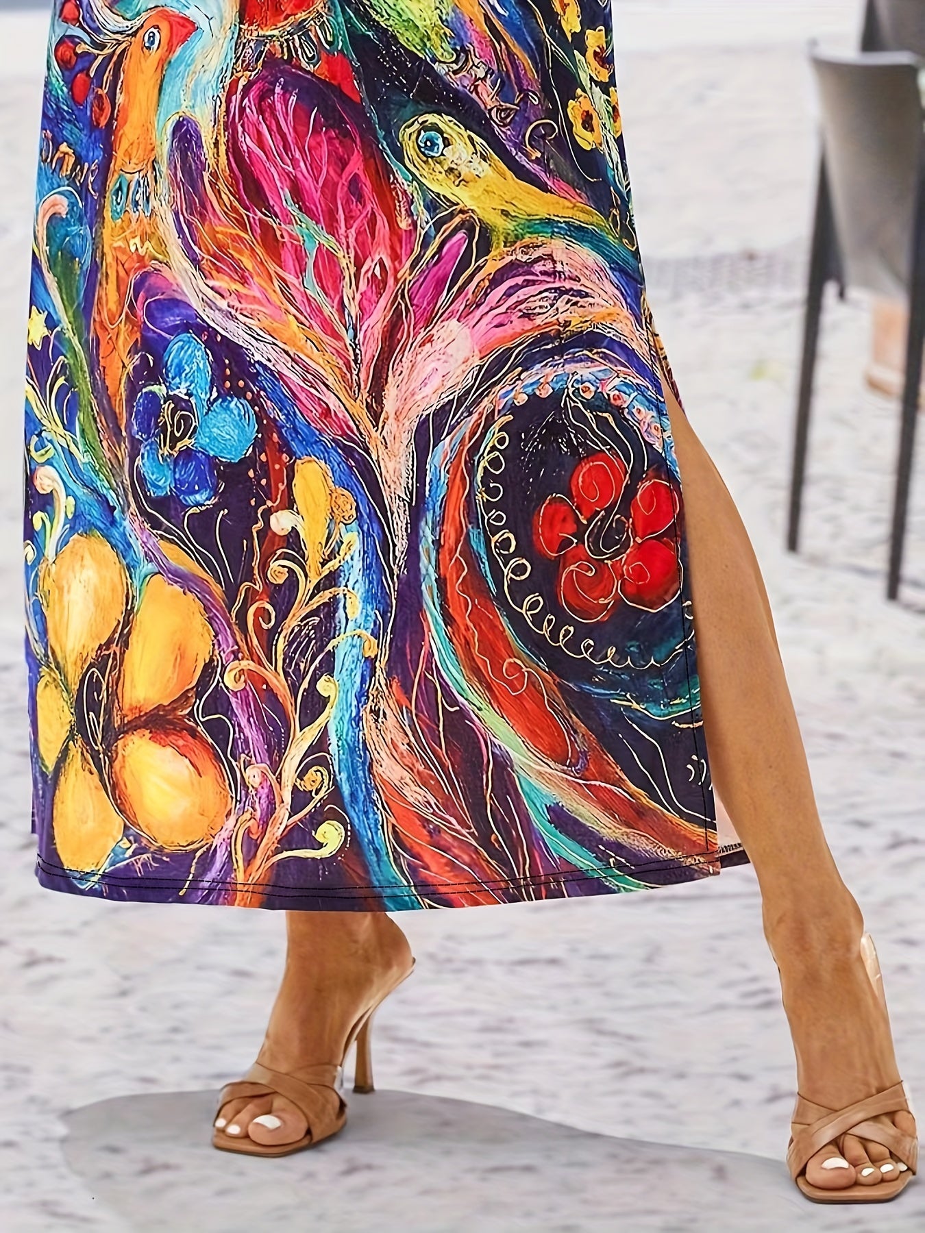 Peacock Print Split Dress Boho V Neck Maxi Dress Women's Clothing