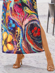 Peacock Print Split Dress Boho V Neck Maxi Dress Women's Clothing