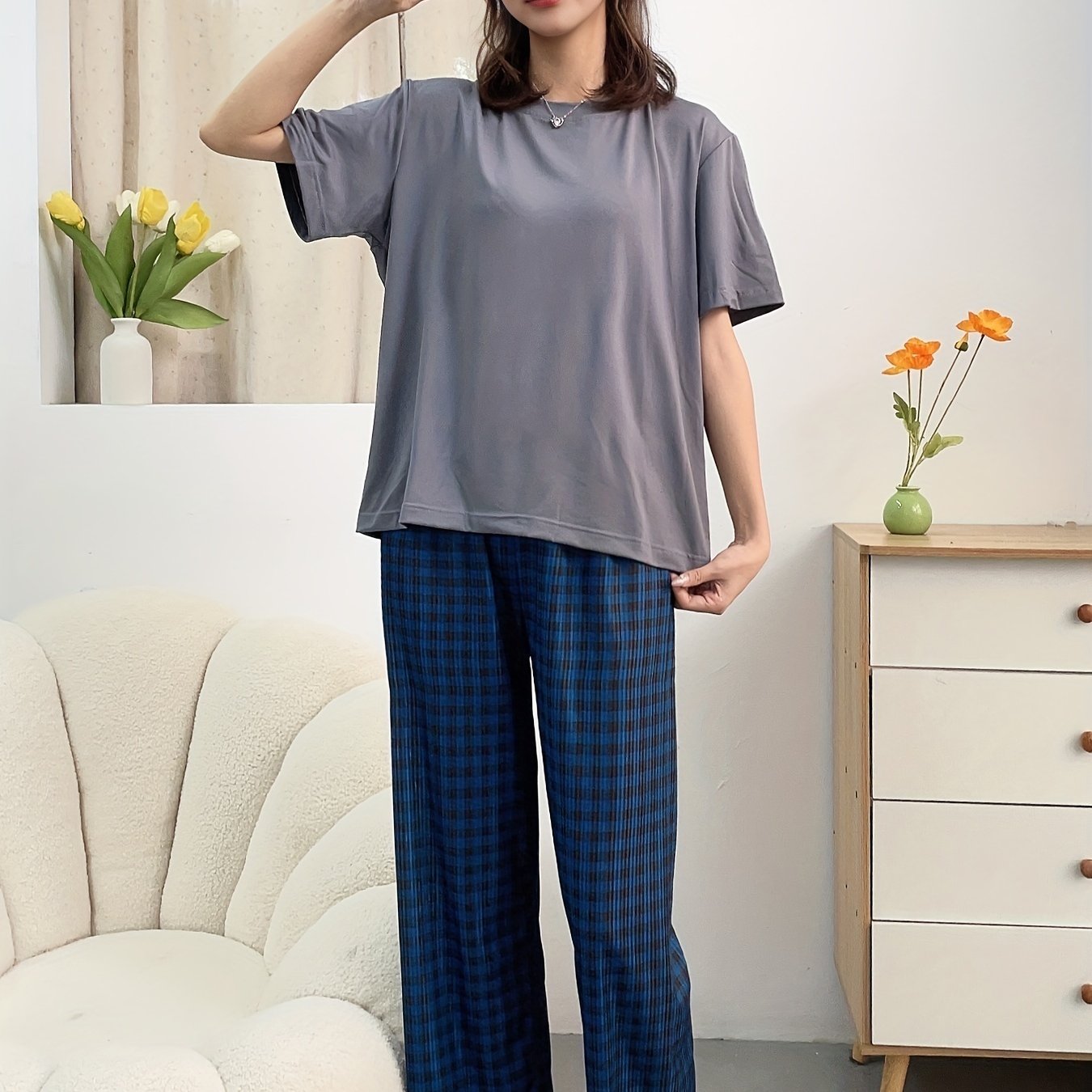 Plaid Pajama Set Crew Neck Short Sleeve Top & Elastic Waistband Pants