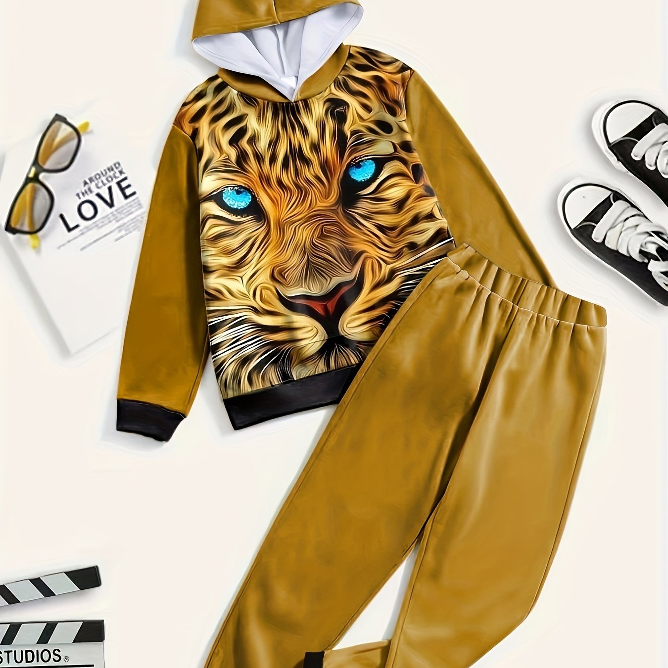 2pc Lion Print Hoodies Jogger Pants Set Kids Clothes For Boys Girls