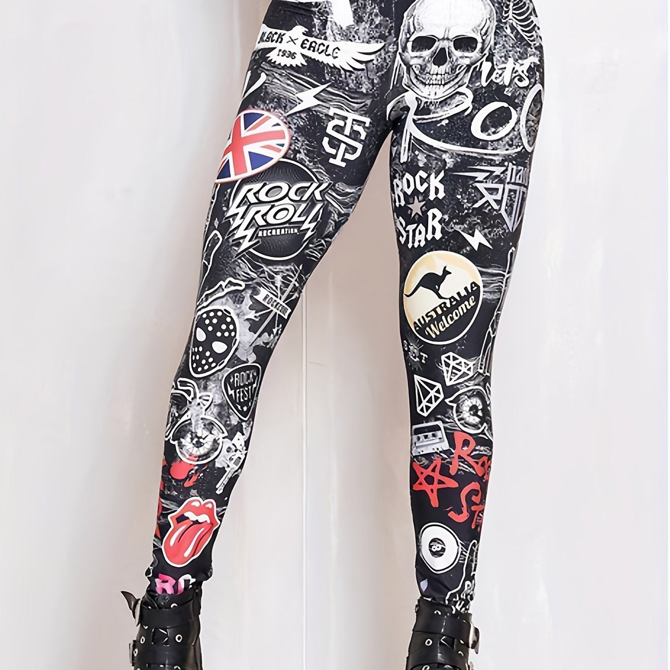 Gothic Leggings Allover Skull Print High Rise Stretch Skinny
