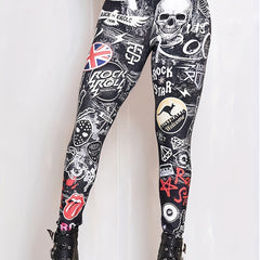 Gothic Leggings Allover Skull Print High Rise Stretch Skinny