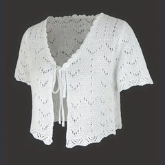 Solid Pointelle Scallop Trim Short Sleeve V Neck Crop Cardigan
