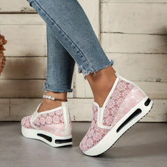Floral Lace Wedge Slip-On Walking Shoes Casual Sneakers
