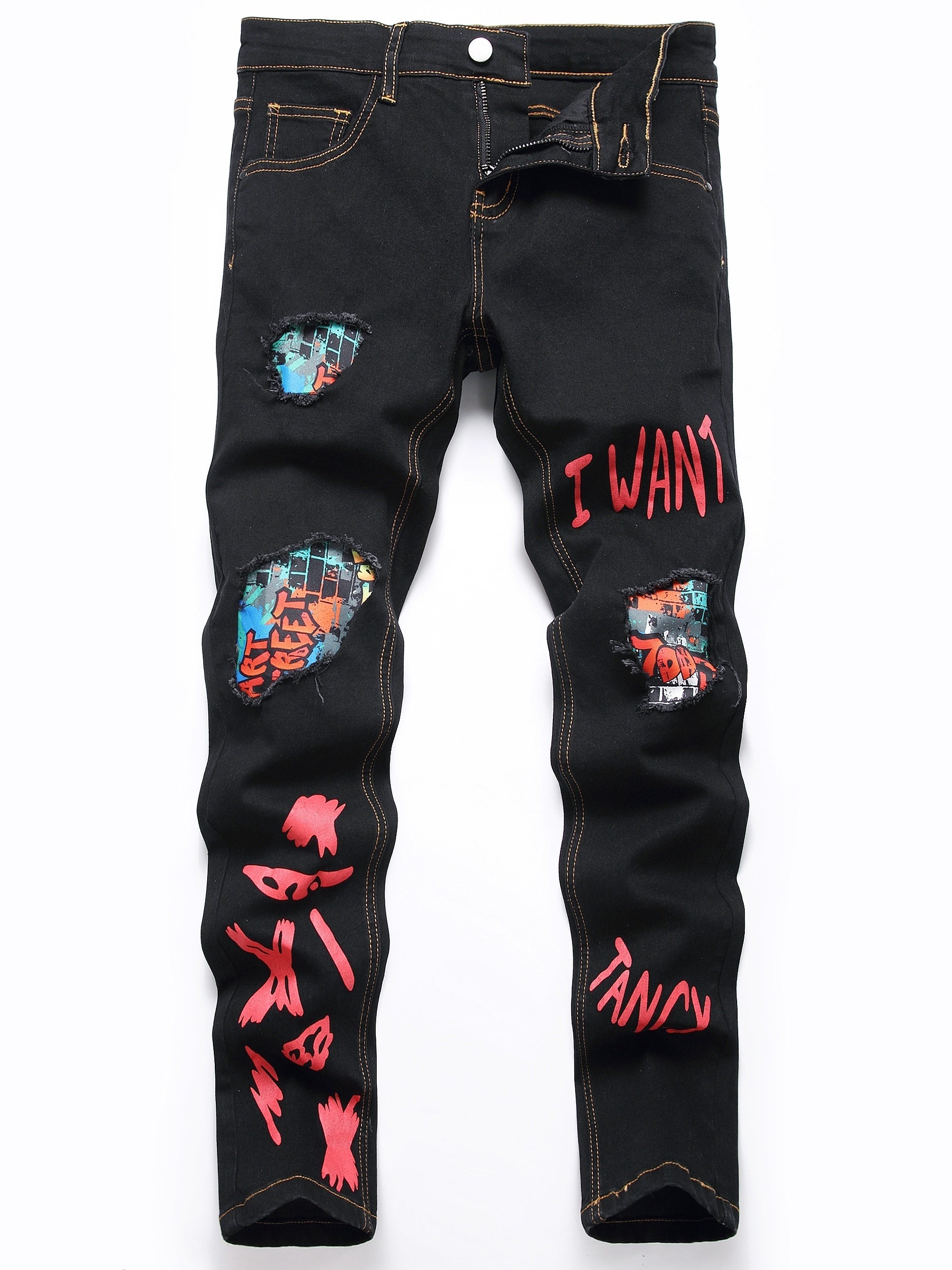 Boys Graffiti Ripped Jeans Slim Fit Denim Pants