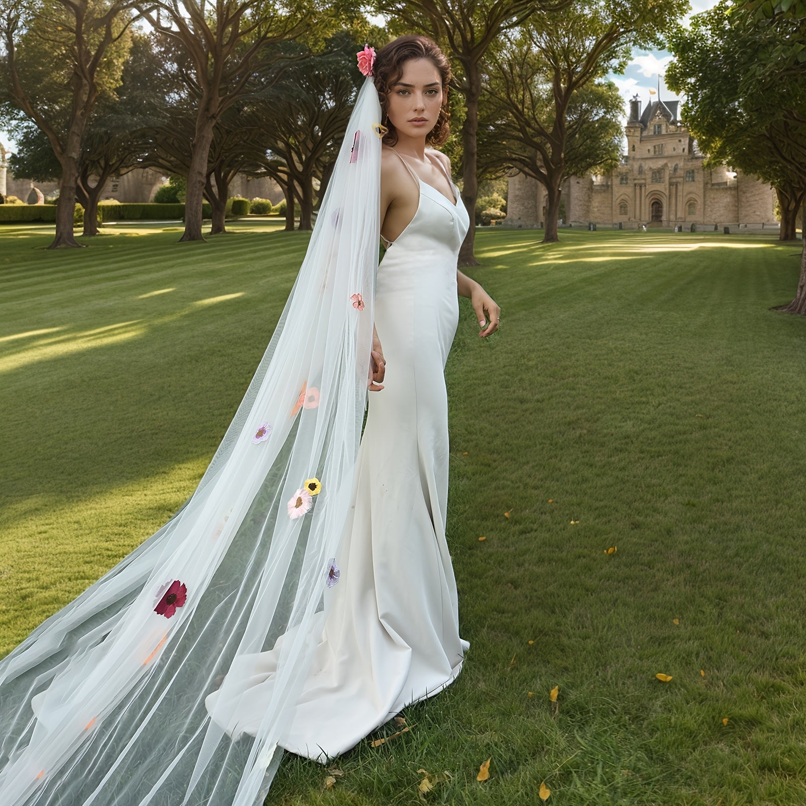 Bridal Veil with 3D Floral Embellishments Long Train Romantic Wedding Accessory