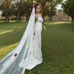 Bridal Veil with 3D Floral Embellishments Long Train Romantic Wedding Accessory