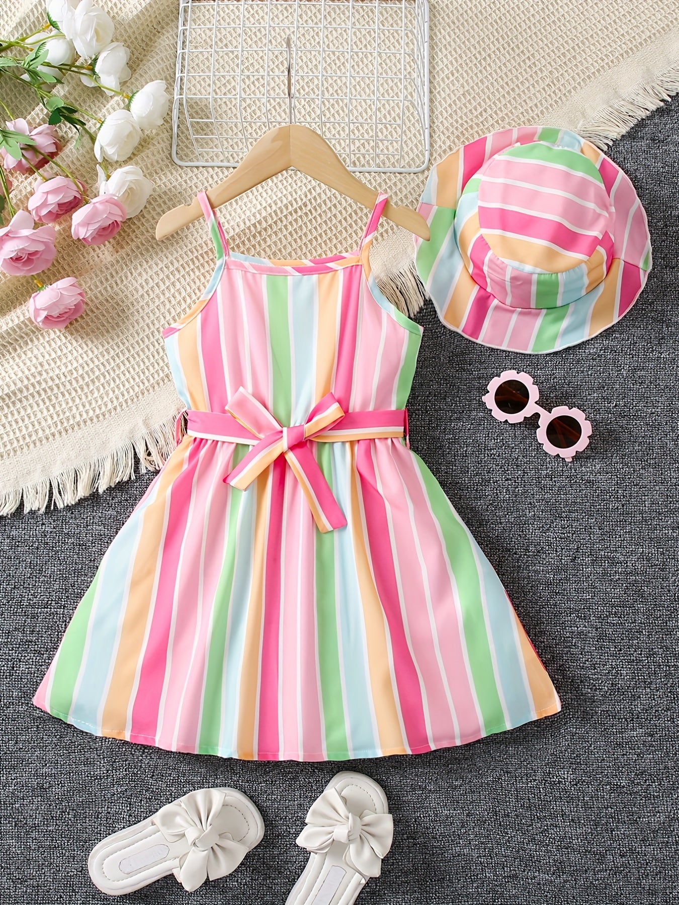 2pcs Toddler Girls Rainbow Stripe Cami Dress & Hat Set for Summer