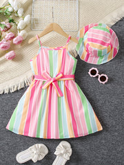 2pcs Toddler Girls Rainbow Stripe Cami Dress & Hat Set for Summer