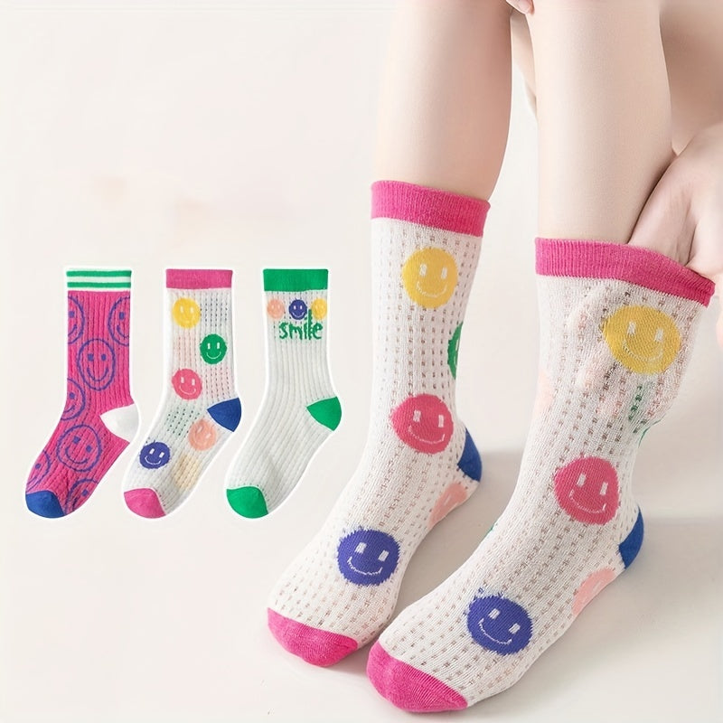 Girls Kids Breathable Crew Socks Cartoon Smile Face Pattern Spring Summer