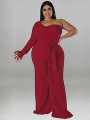 One Shoulder Long Sleeve Wide Leg Jumpsuit With Belt