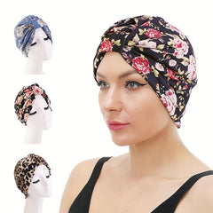 Pleated Boho Turban Cap Leopard Print Beanie Flower Elastic Skull