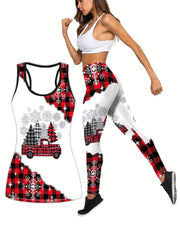 Christmas Snowflake & Plaid Tank Top & Leggings Set