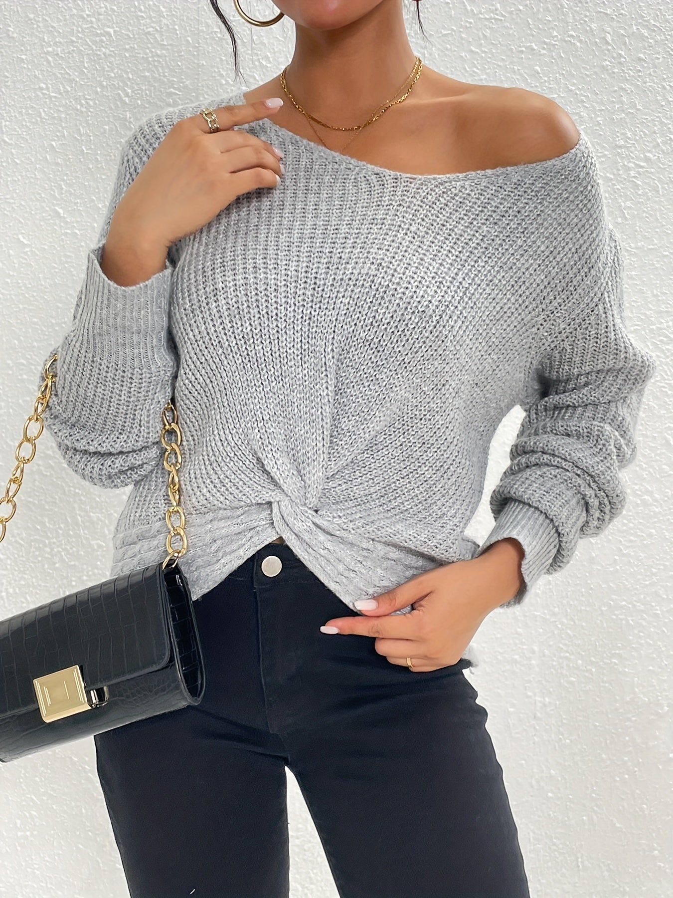 Twist Front V Neck Sweater Long Sleeve Casual Winter Fall Women's Clothing