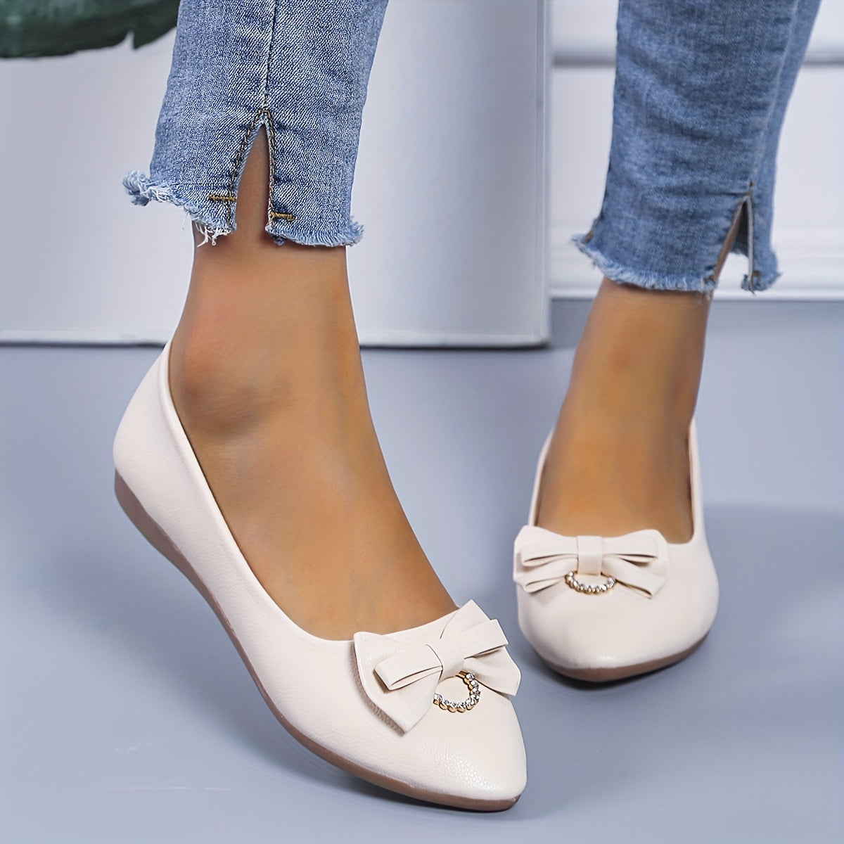 Women's Bowknot Rhinestone Flat Shoes Pointed Toe Slip On Elegant