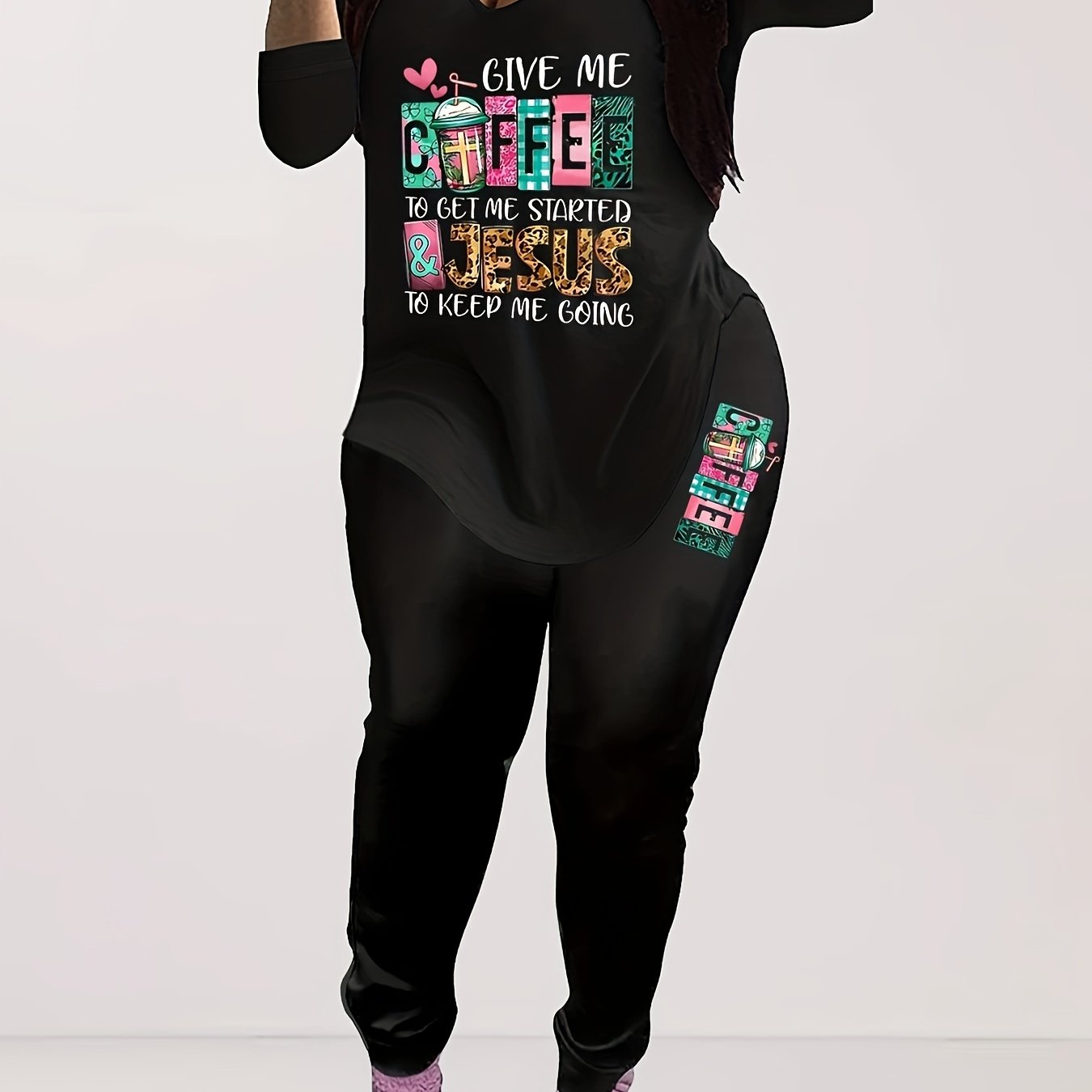 Plus Size Women's Casual 2 Piece Set Long Sleeve V Neck Top & Leggings