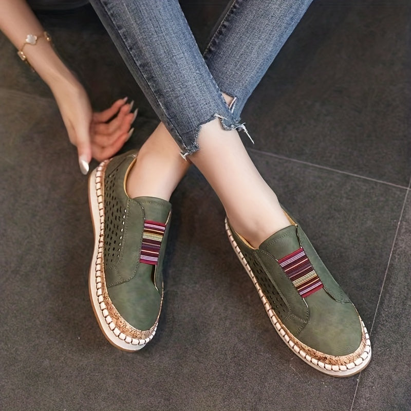 Women's Hollow Out Flat Shoes Breathable Round Toe Slip On Walking Shoes