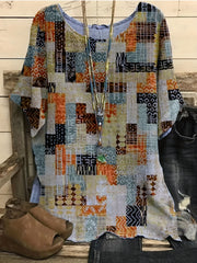 Geometric Print Short Sleeve Blouse