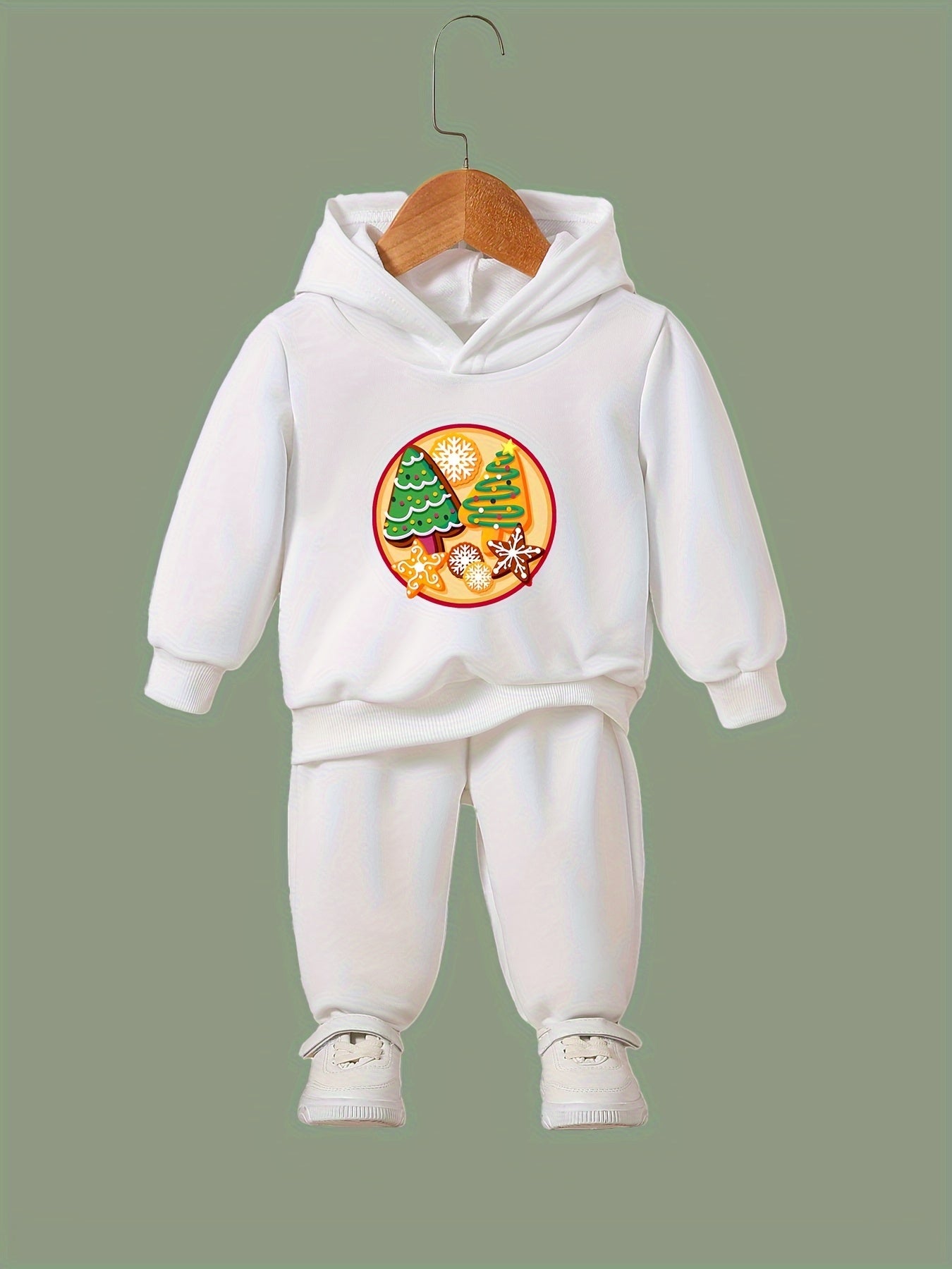 Girls Christmas Elements Print Hooded Sweatshirt Top Sweatpants Set