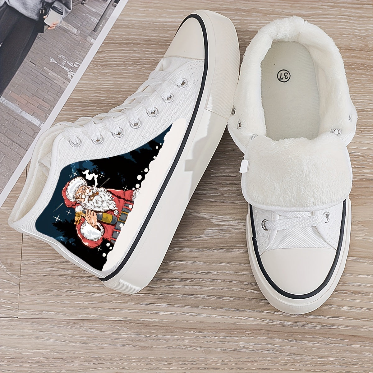 Christmas Santa Print Plush Lined Thermal Chunky Canvas Sneakers