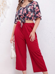 Floral Print Butterfly Sleeve V Neck Crop Top & Wide Leg Pants Two Piece Set