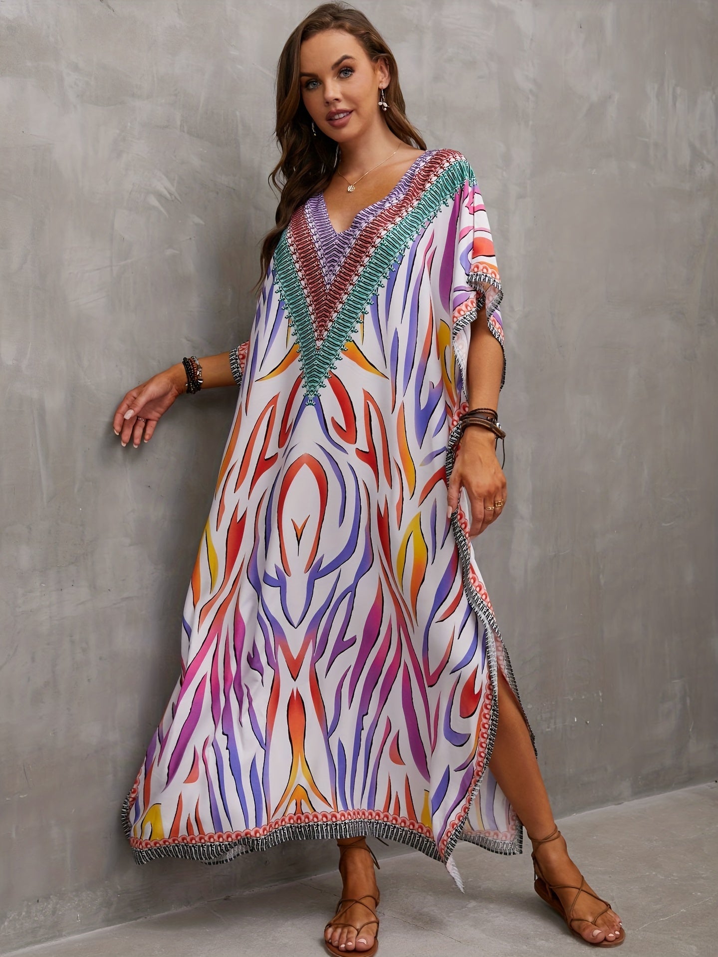 Stripes Floral Geometric Print Kaftan Cover Up Dress V Neck Maxi Boho Bohemian