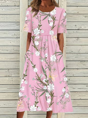 Floral Print High Waist Dress Short Sleeve Summer Dress