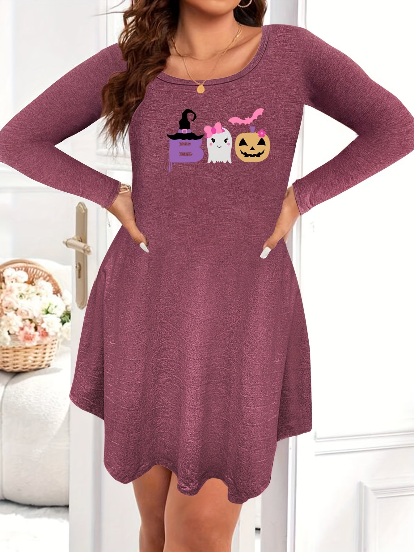Halloween Nightdress Women's Plus Witch Hat Long Sleeve Sleep Dress