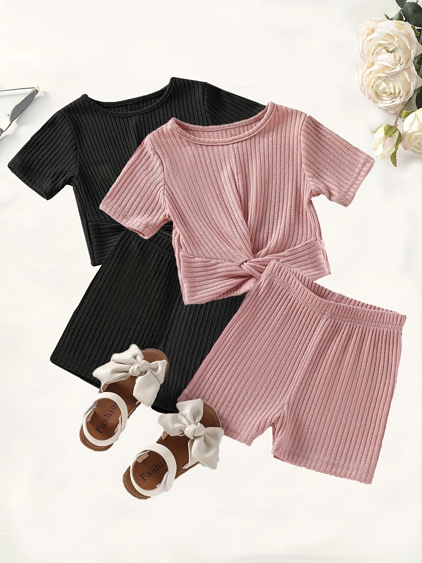 2pcs Toddler Girls Clothes Knot Front Tee Shorts Set