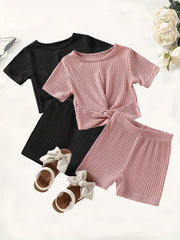 2pcs Toddler Girls Clothes Knot Front Tee Shorts Set