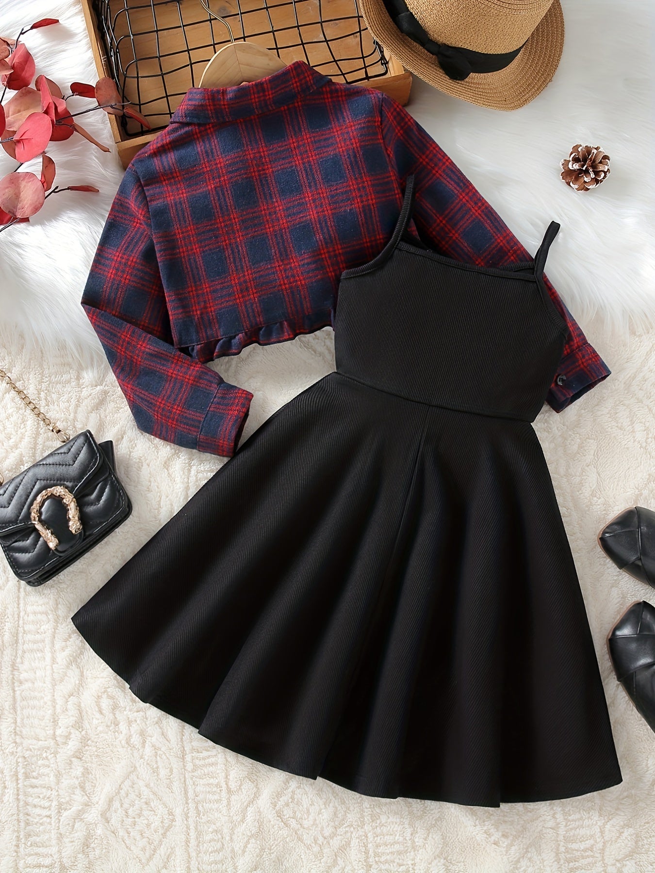 Girls A-line Dress & Plaid Shirt Set Kids Summer Clothes