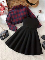 Girls A-line Dress & Plaid Shirt Set Kids Summer Clothes