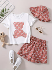 Bear Graphic Tee Top & Shorts & Hat 3pcs Suit Little Boys Outfit