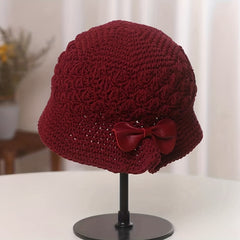Hand Knitted Bucket Hat Vintage Bow Crochet Fisherman Hat