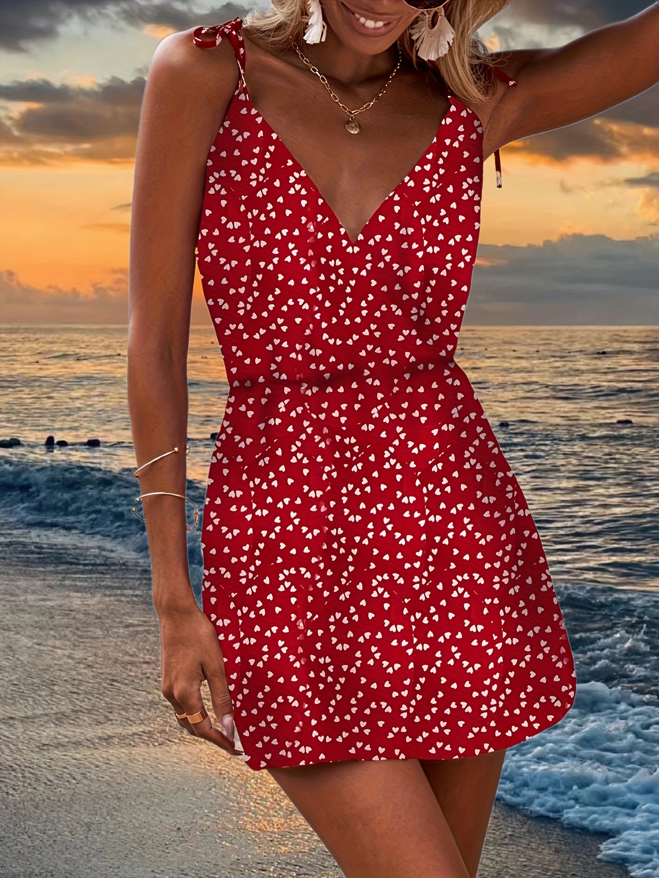 Heart Print V neck Spaghetti Dress Beach Wear Cami Dress Women's Clothing