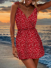 Heart Print V neck Spaghetti Dress Beach Wear Cami Dress Women's Clothing