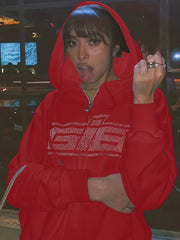 Solid Letter Print Drawstring Long Sleeve Hoodie