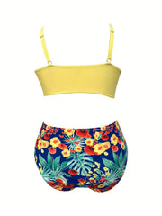 Casual Tankini Set Halter Neck Cami Bra & Floral Print Brief