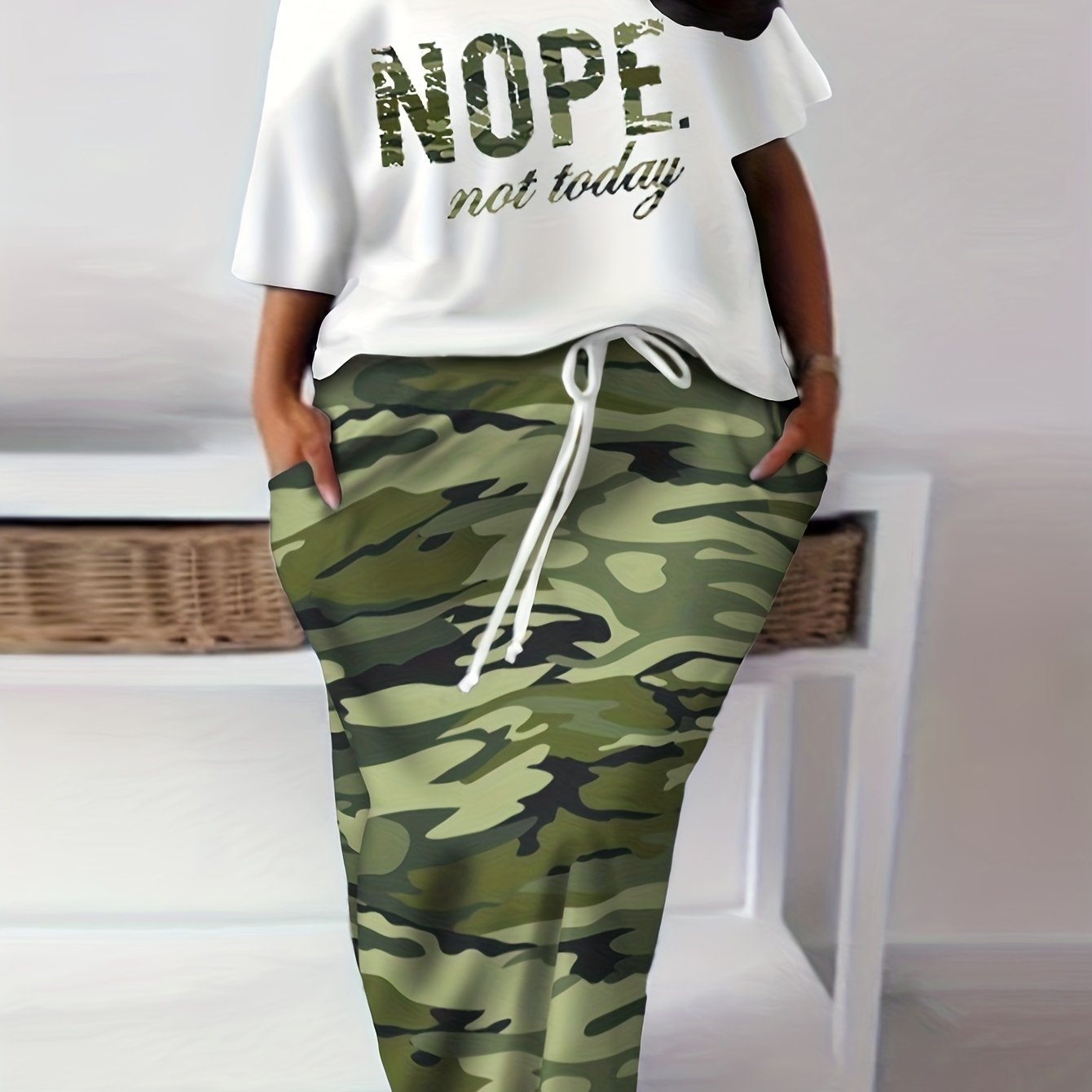 Camo Print One Shoulder Top & Skirt Outfit Set