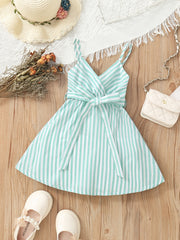 Girls Striped V-Neck Dress With Belt