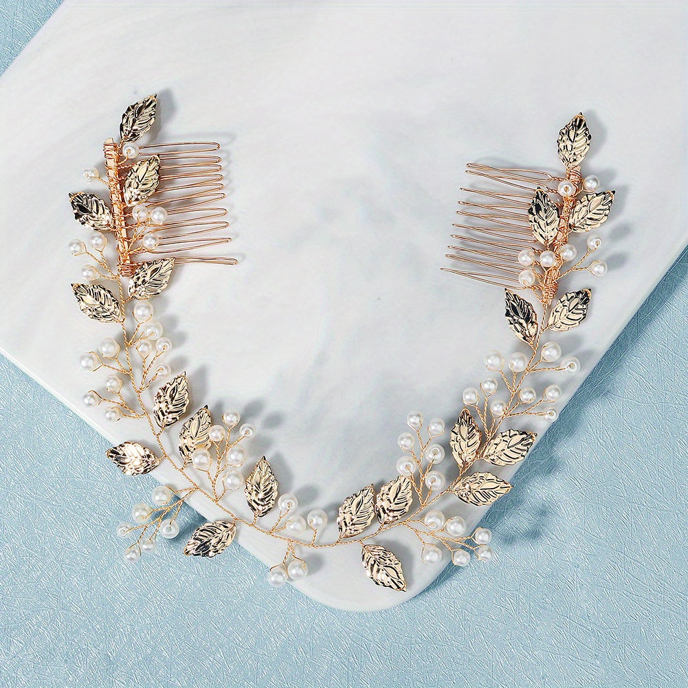Faux Pearl & Leaf Hair Comb Bridal Wedding Headwear