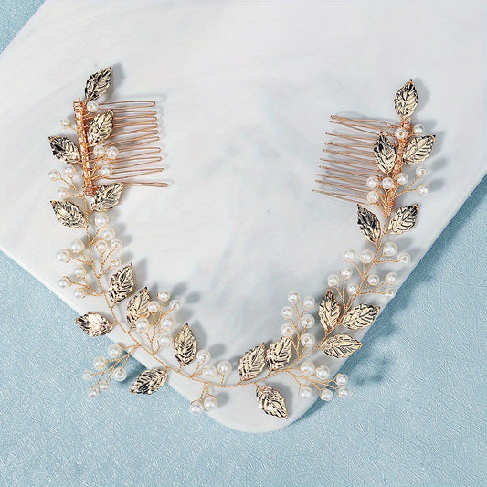 Faux Pearl & Leaf Hair Comb Bridal Wedding Headwear