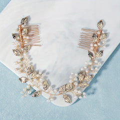 Faux Pearl & Leaf Hair Comb Bridal Wedding Headwear