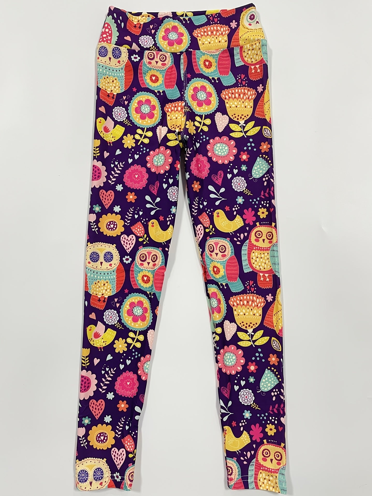 Girls High Stretch Soft Leggings Owls And Flowers Pattern