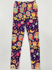 Girls High Stretch Soft Leggings Owls And Flowers Pattern