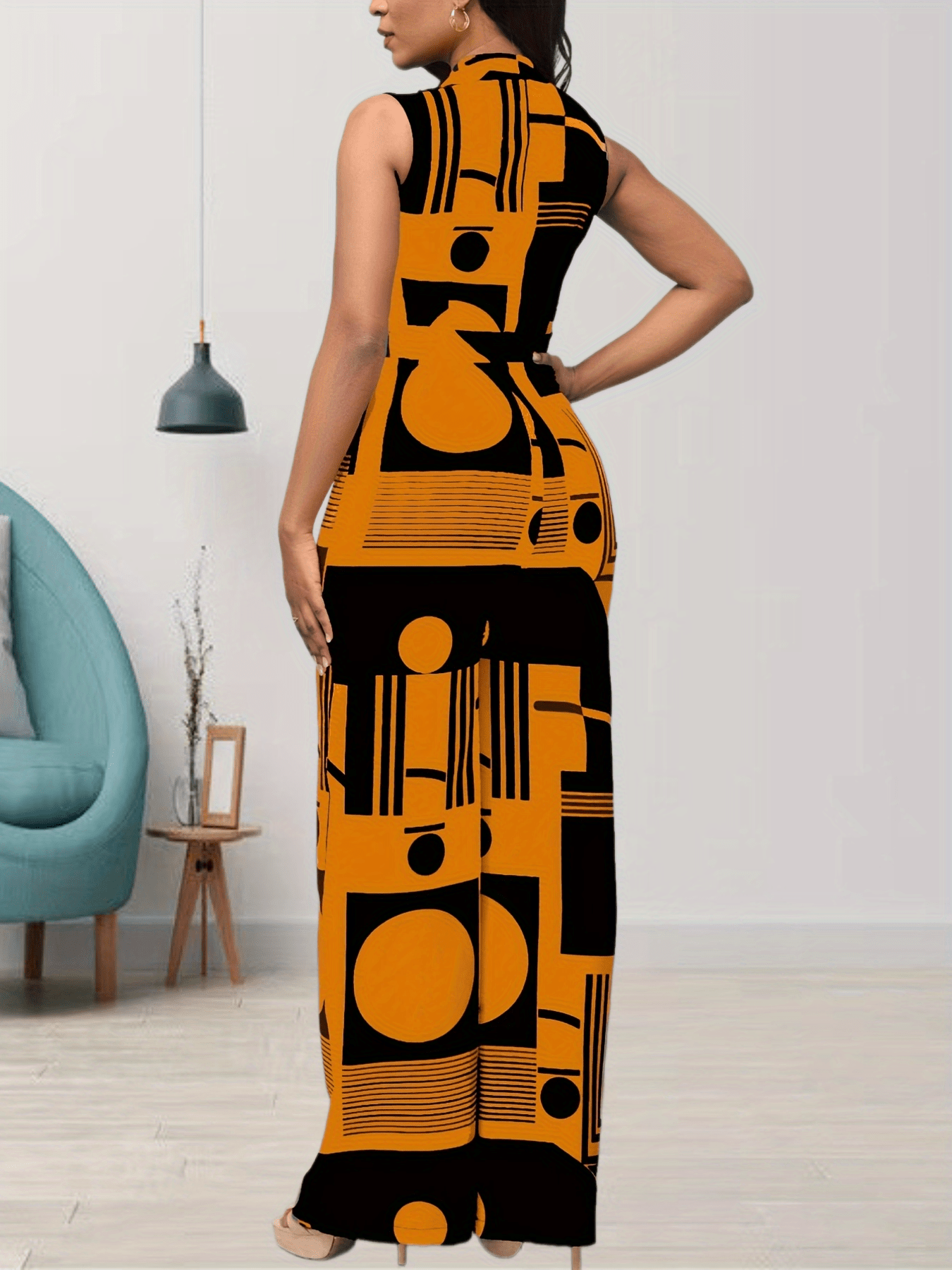 Graphic Print Sleeveless Jumpsuit V Neck Wide Leg Jumpsuit