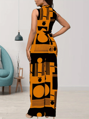 Graphic Print Sleeveless Jumpsuit V Neck Wide Leg Jumpsuit