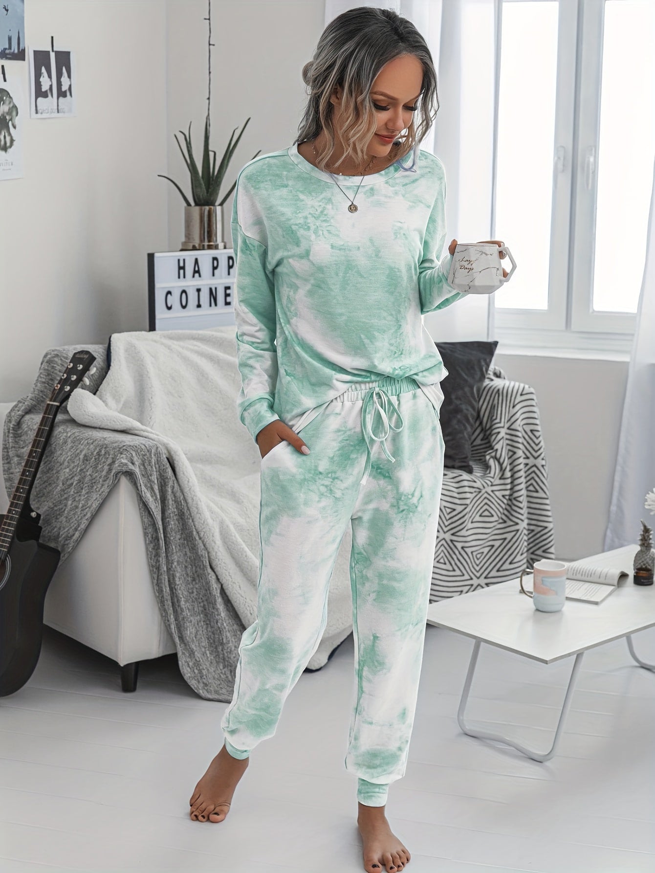 Tie Dye Print Lounge Set Long Sleeve Crew Neck Top & Pants